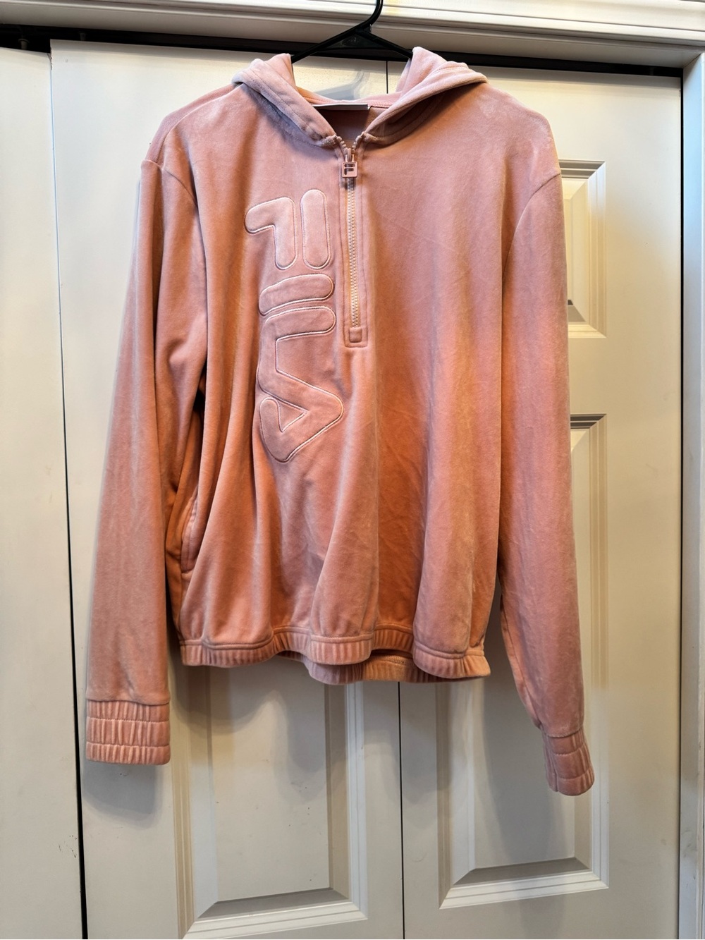 FILA Women’s Velour Quarter Zip Hoodie Dusty Rose Pink Large Elastic Hem Logo
